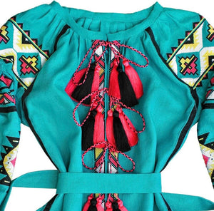 Ukrainian Turquoise Long Dress Embroidered 100% Linen
