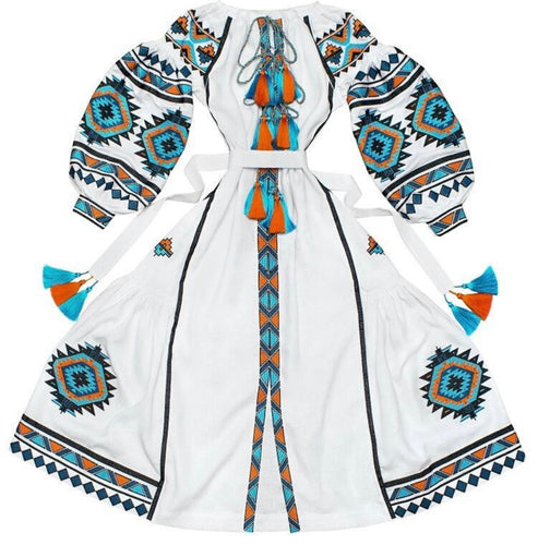 Ukrainian White Long Dress Embroidered 100% Linen