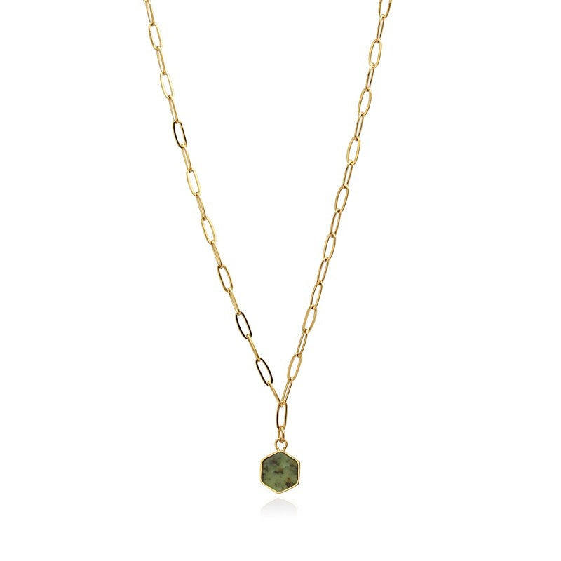 Hexag Natural Stone Necklace BCO119 Steel Golden Green
